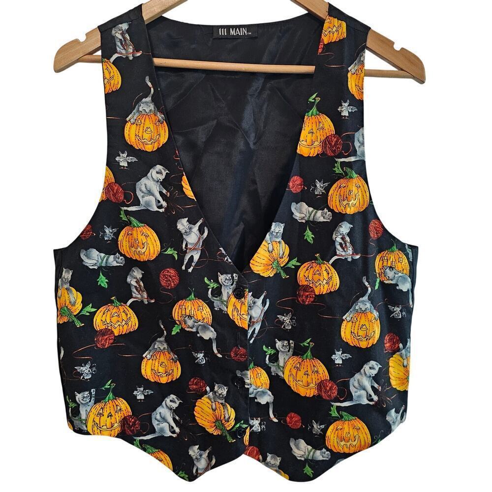 Vintage Halloween Cat Vest Womens Lg Black Pumpkins Bats 90s Whimsygoth Kittens
